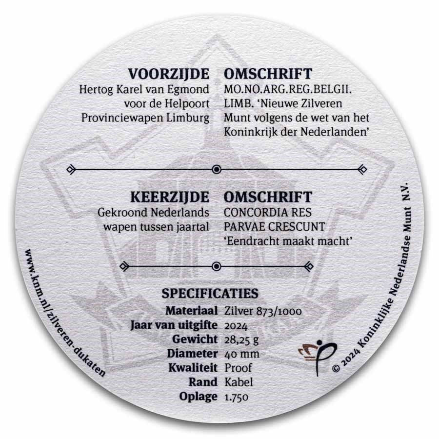 2024 Netherlands Proof Silver Ducat Catharjine Gate (Box/COA)