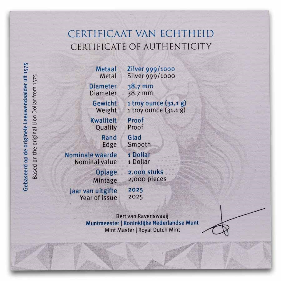2025 Netherlands 1 oz Silver Proof Lion Dollar (Box/COA)