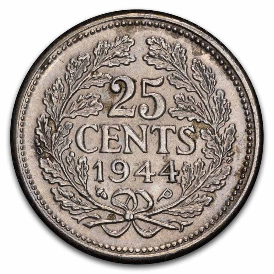 1926-1945 Netherlands Silver 25 Cents Wilhelmina AU/BU