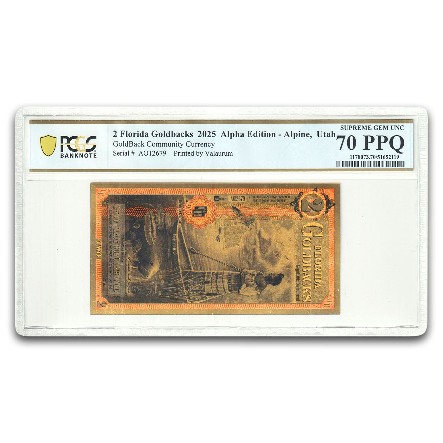 2 Florida Goldback - Aurum Gold Foil Note 24k MS-70 PCGS (Alpha)