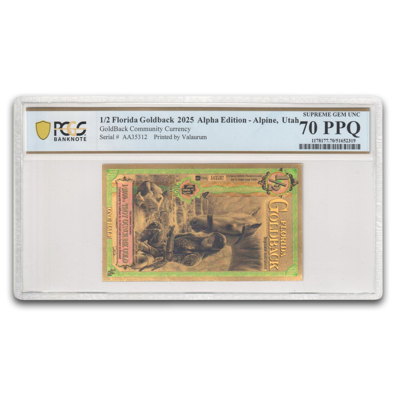 2025 1/2 Florida Goldback Aurum Gold Foil Note MS-70 PCGS (Alpha)