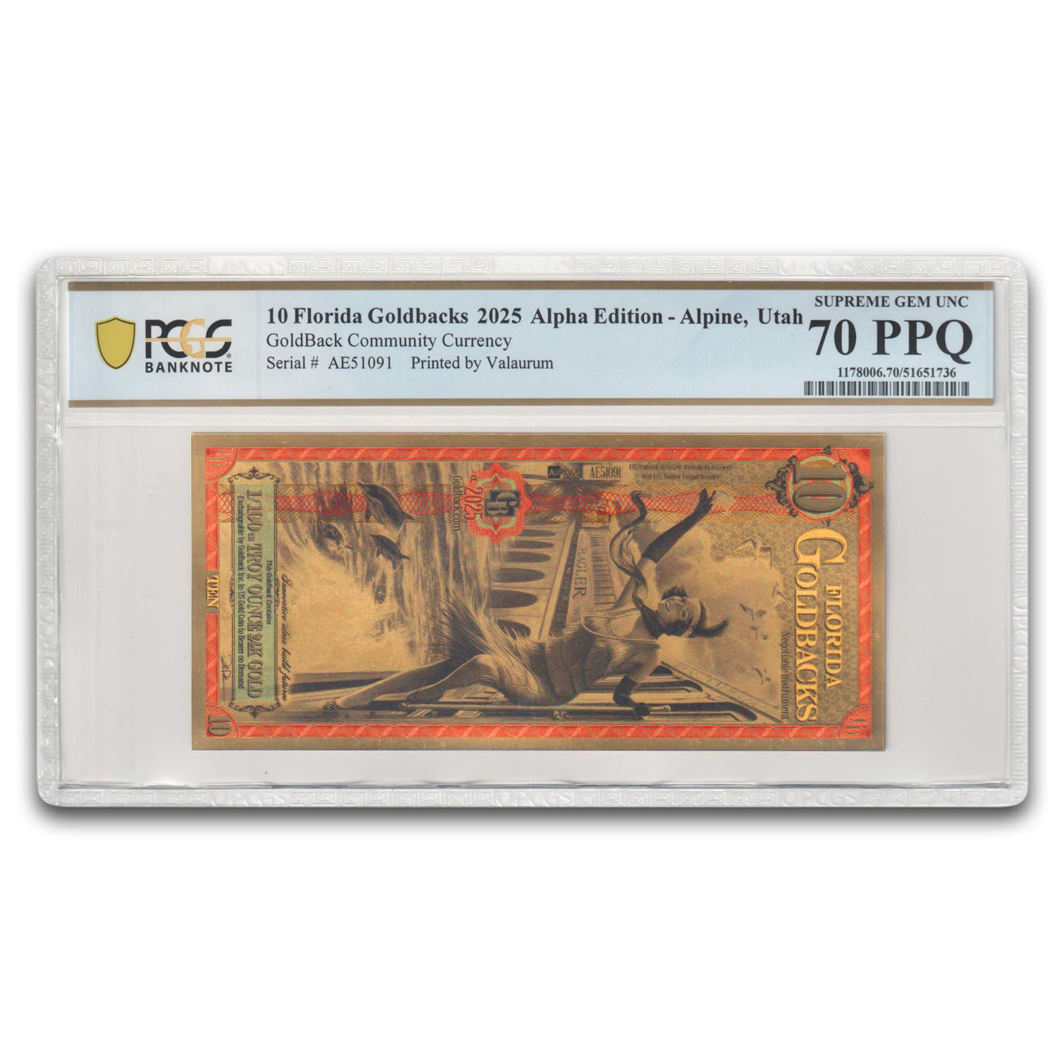 2025 10 Florida Goldback Aurum Gold Foil Note MS-70 PCGS (Alpha)