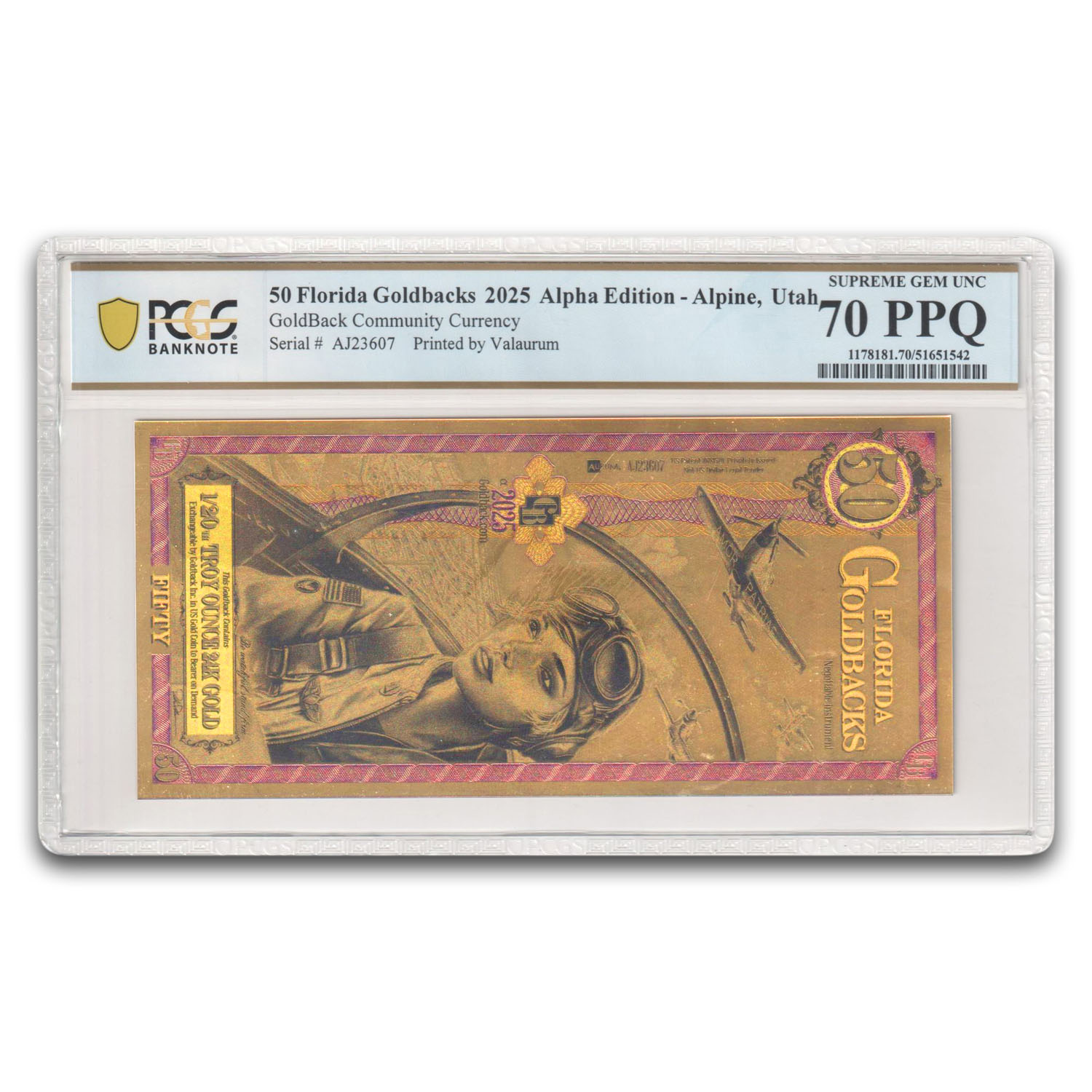 2025 50 Florida Goldback Aurum Gold Foil Note MS-70 PCGS (Alpha)