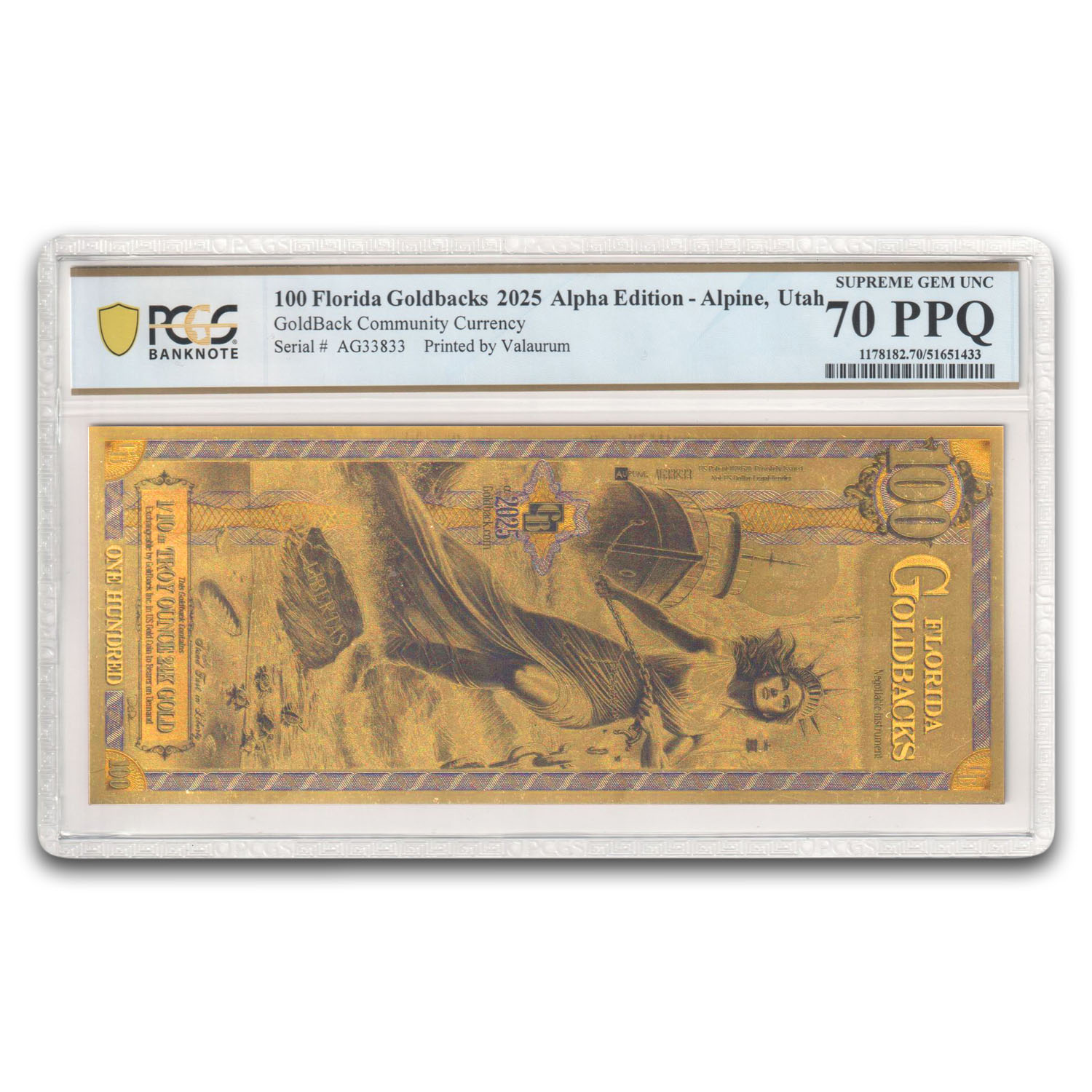 2025 100 Florida Goldback Aurum Gold Foil Note MS-70 PCGS (Alpha)
