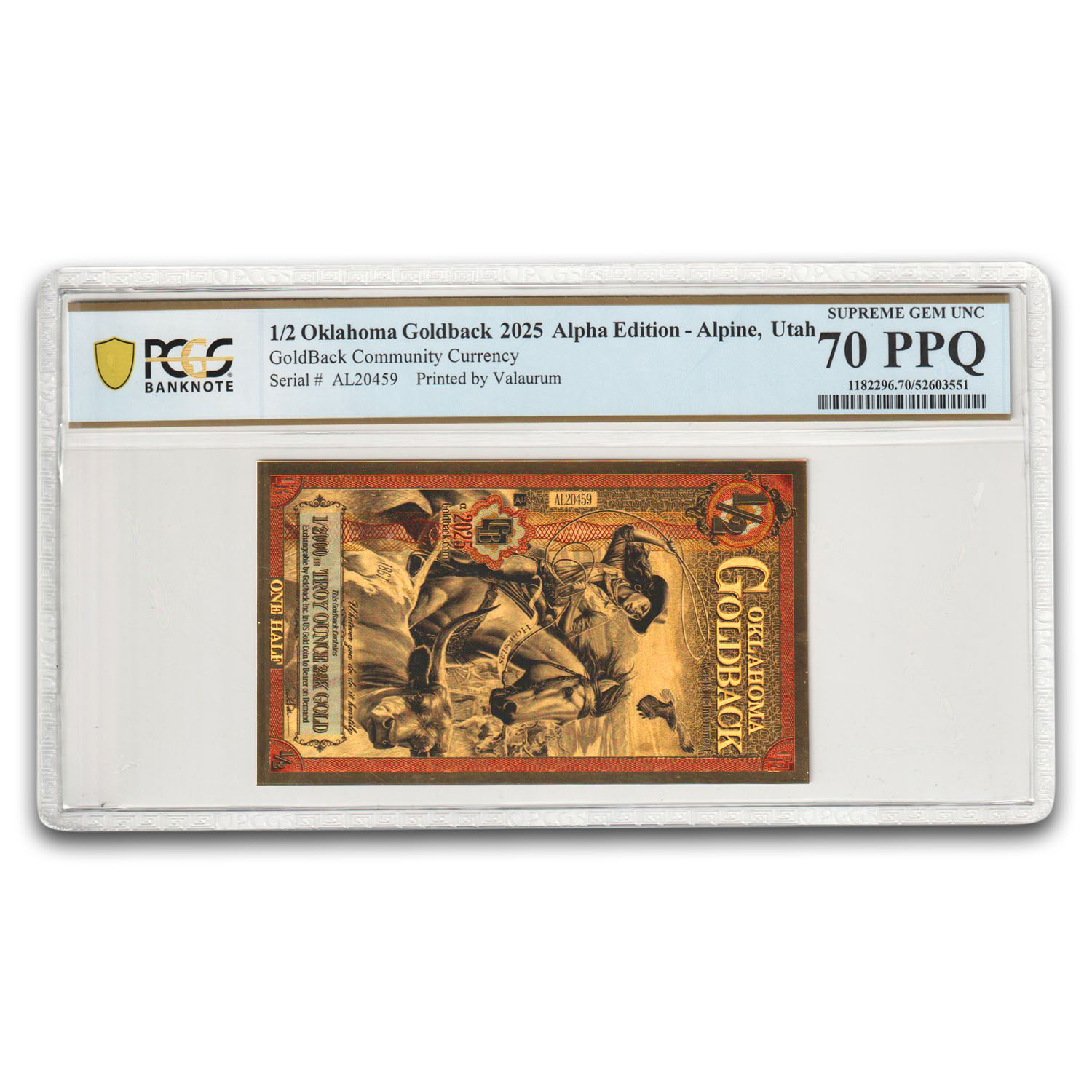 2025 1/2 Oklahoma Goldback Gold Foil Note MS-70 PCGS (Alpha)