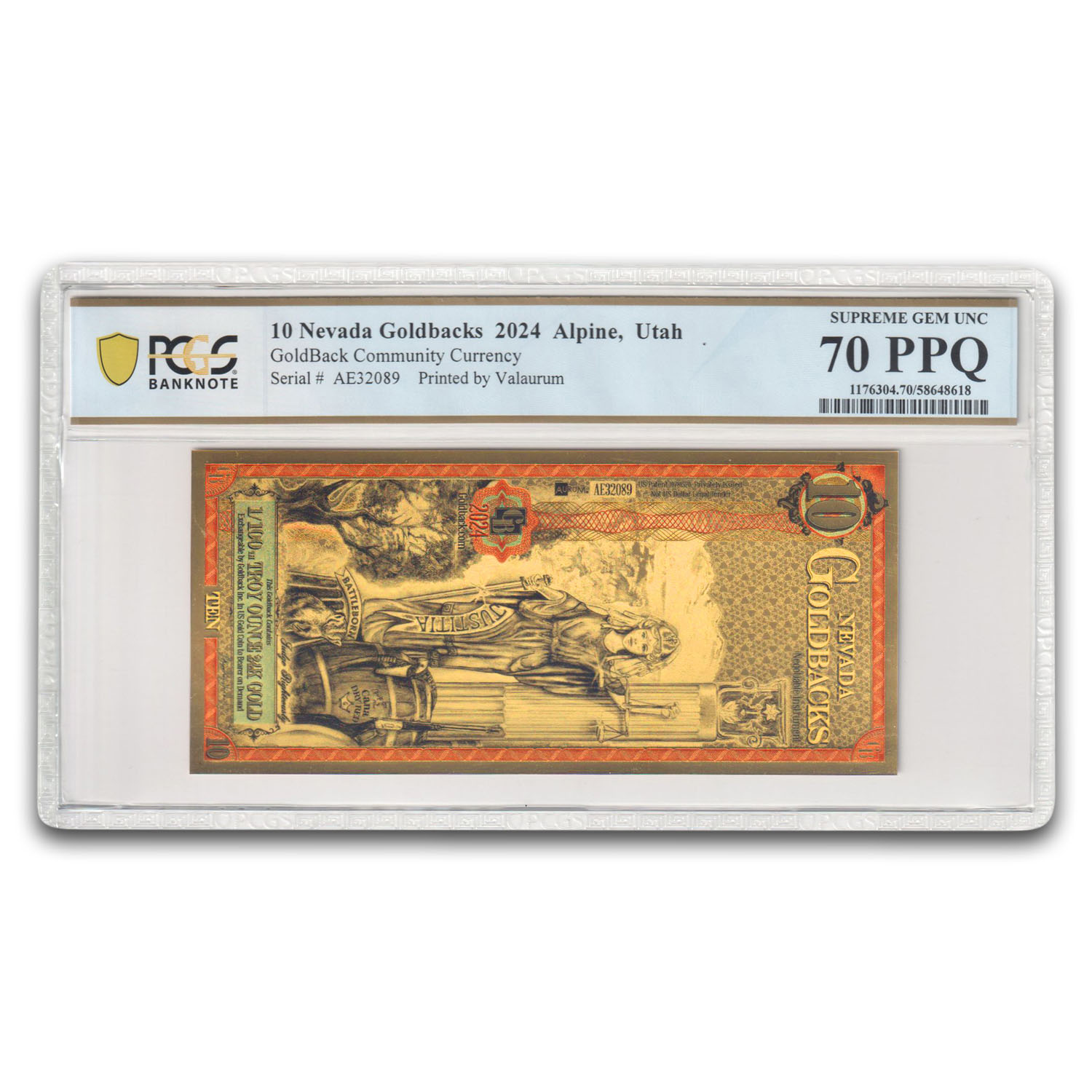 2024 10 Nevada Goldback Aurum Gold Foil Note 24k MS-70 PCGS