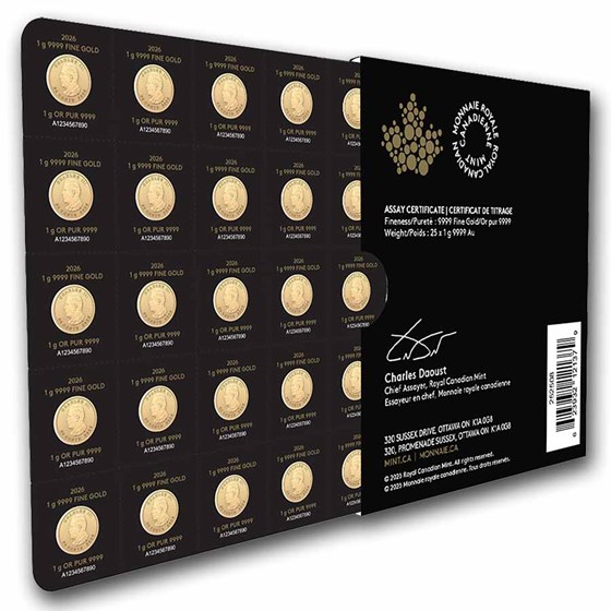 2026 25x 1 gram Gold Maple Leafs Maplegram25™ (In Assay Sleeve)