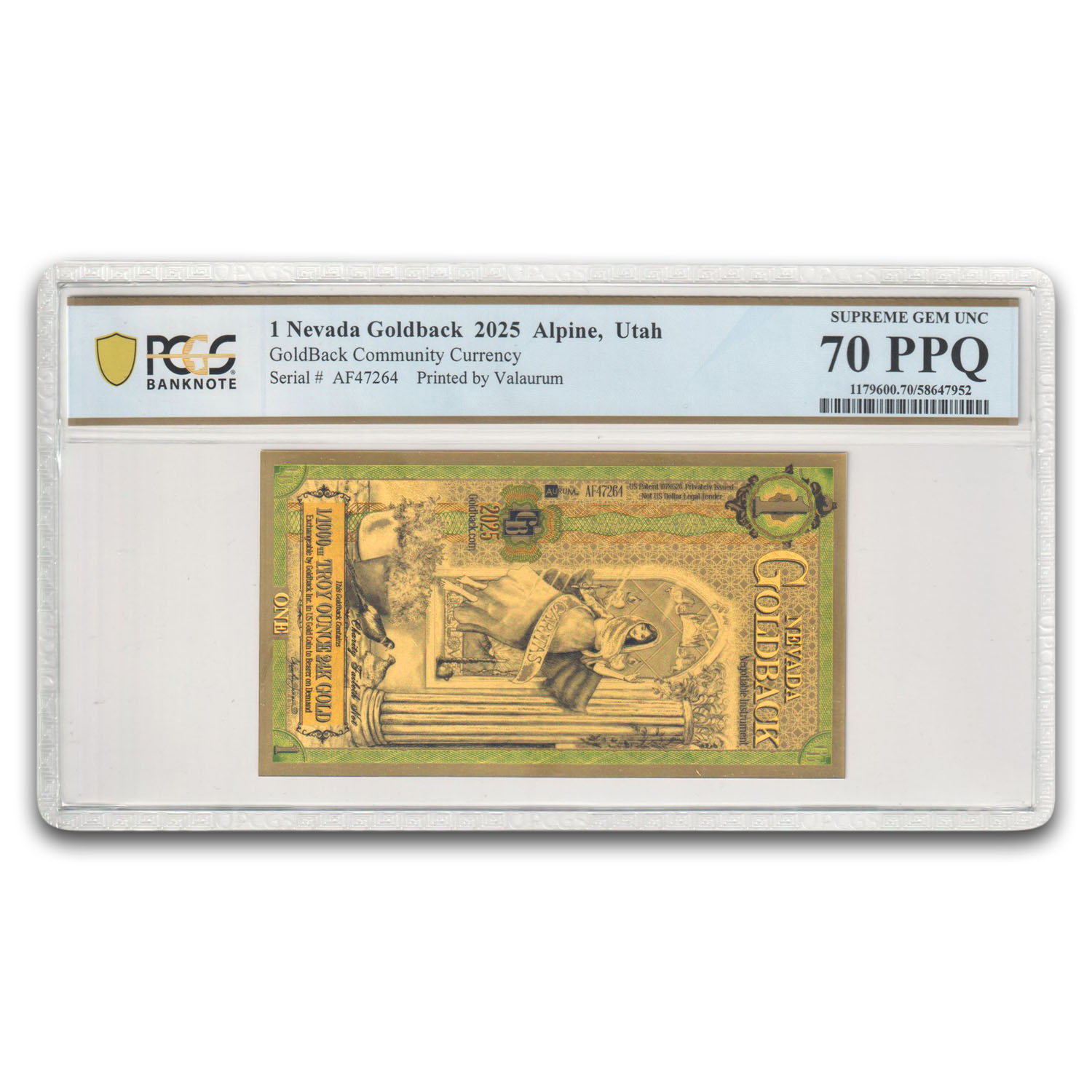 2025 1 Nevada Goldback Aurum Gold Foil Note 24k MS-70 PCGS