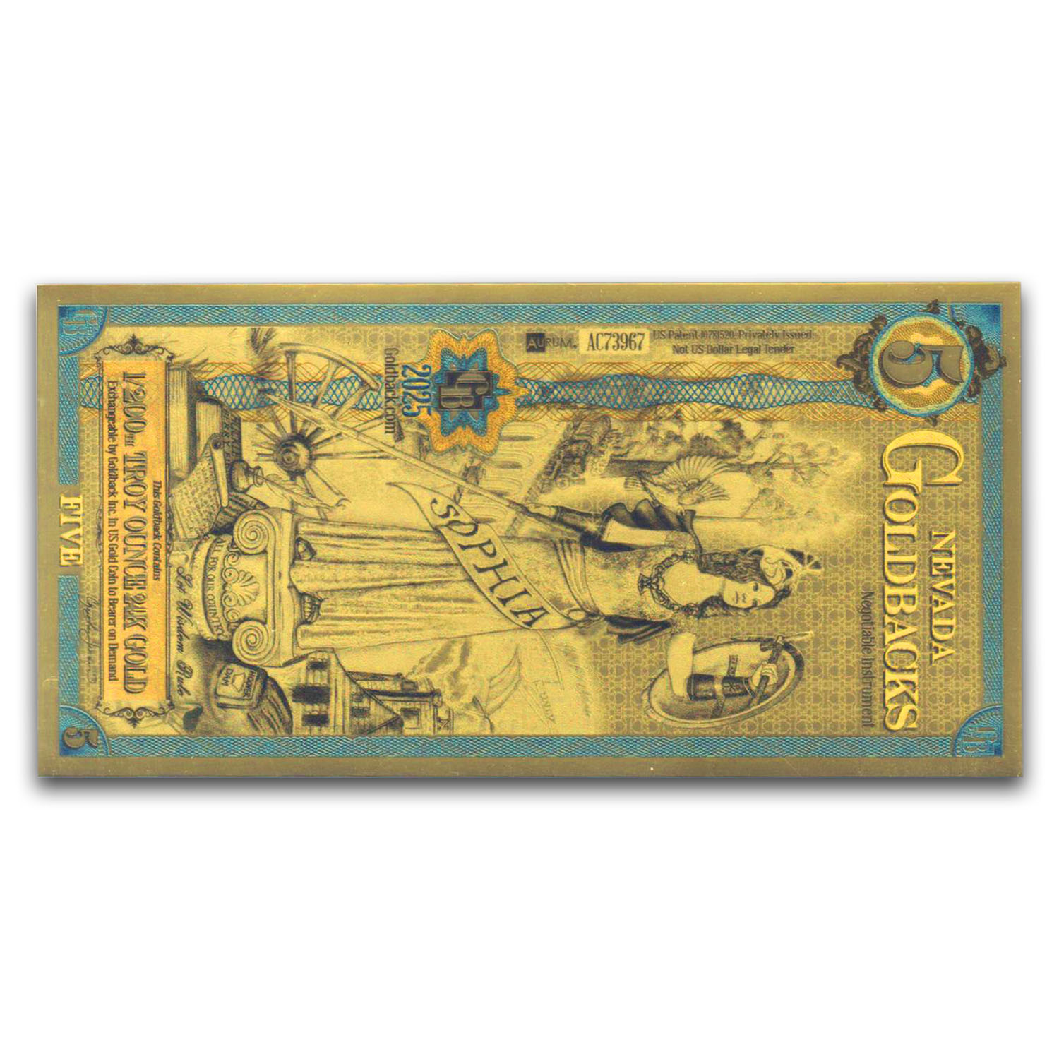 2025 5 Nevada Goldback - Aurum Gold Foil Note (24k) MS-70 PCGS