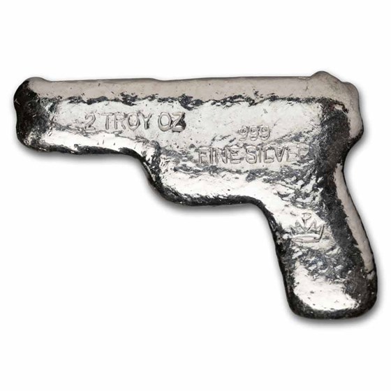 2 oz Hand Poured Silver Bar - 3D Pistol Handgun