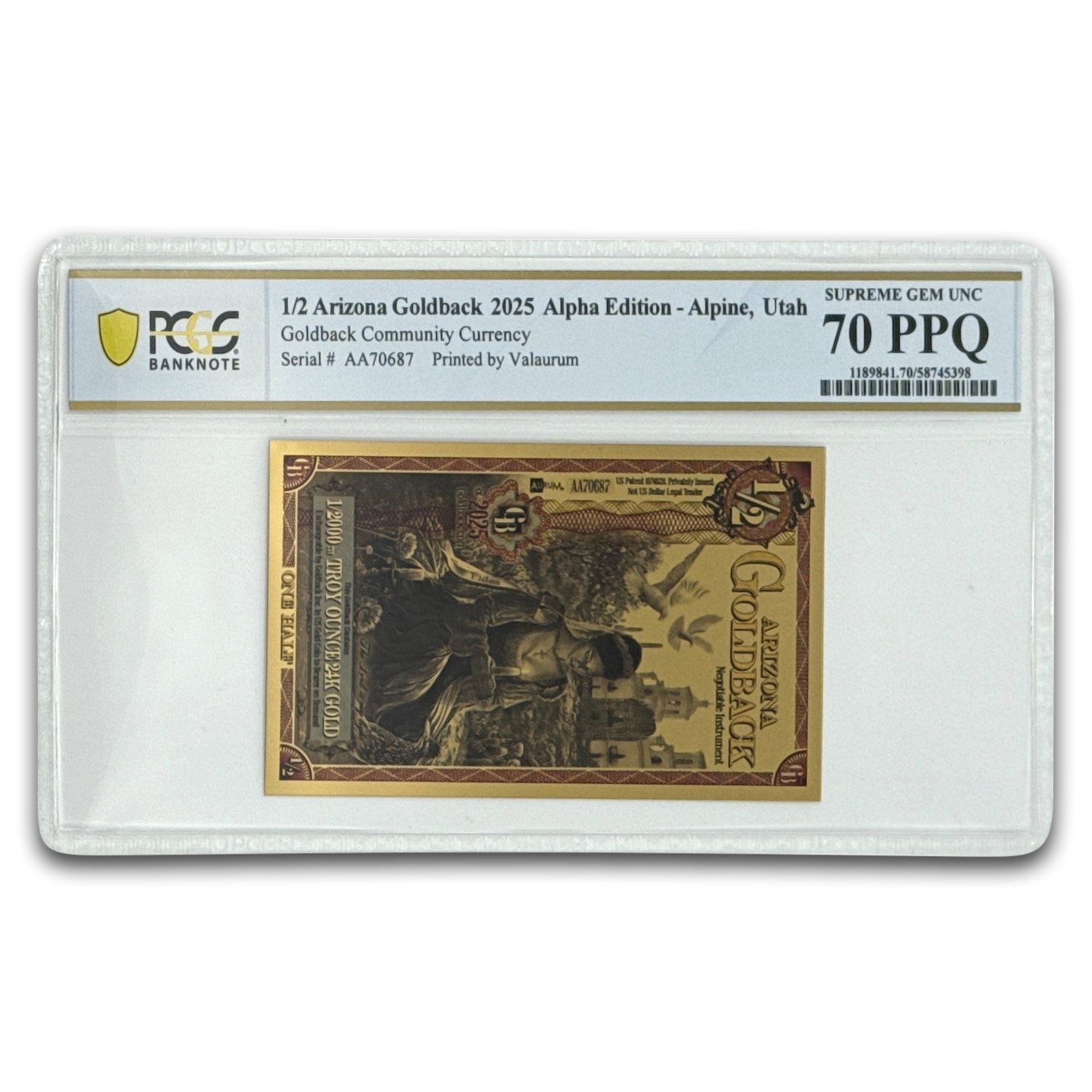 2025 1/2 Arizona Goldback - Aurum Gold Foil Note (24k) PCGS 70