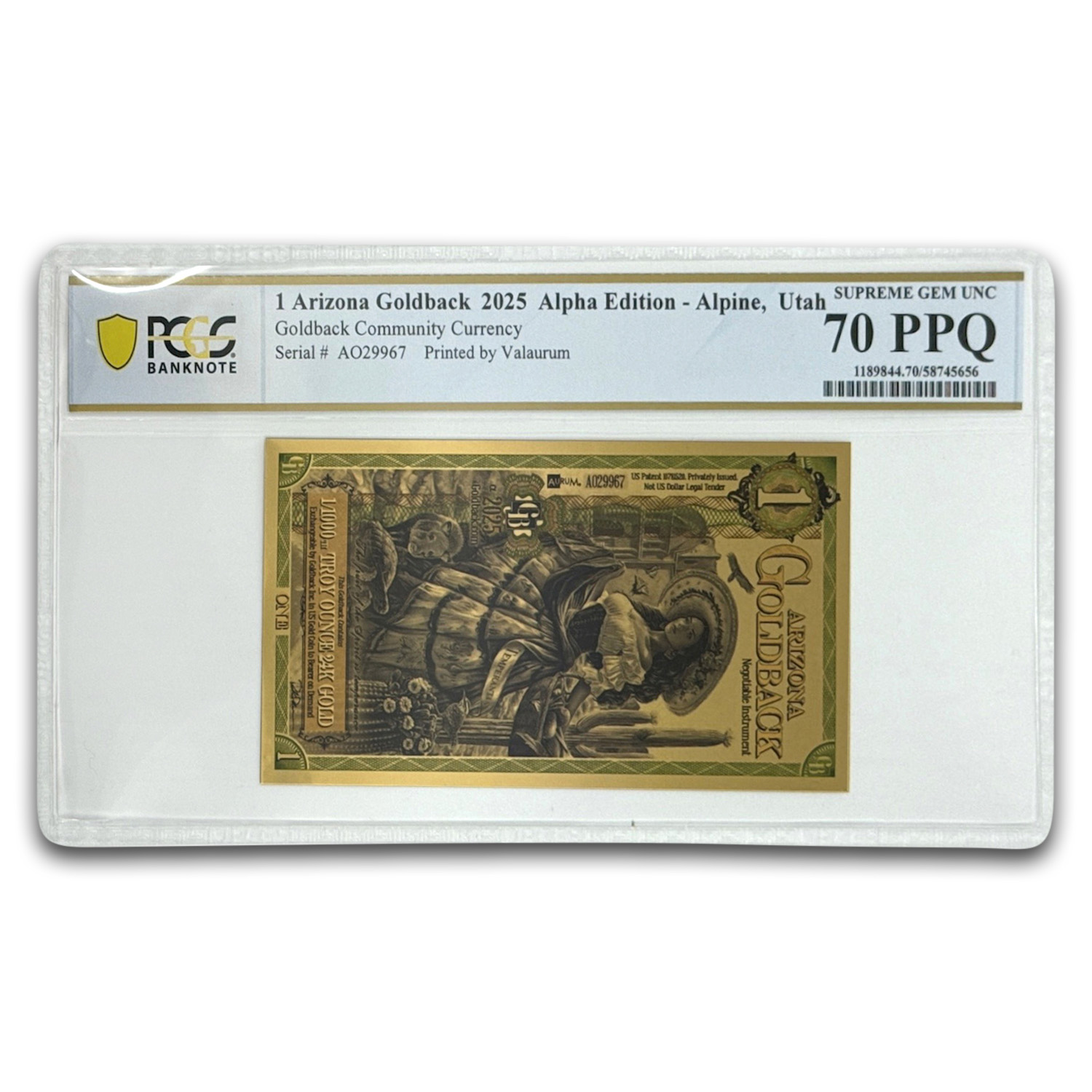 2025 1 Arizona Goldback - Aurum Gold Foil Note (24k) PCGS 70