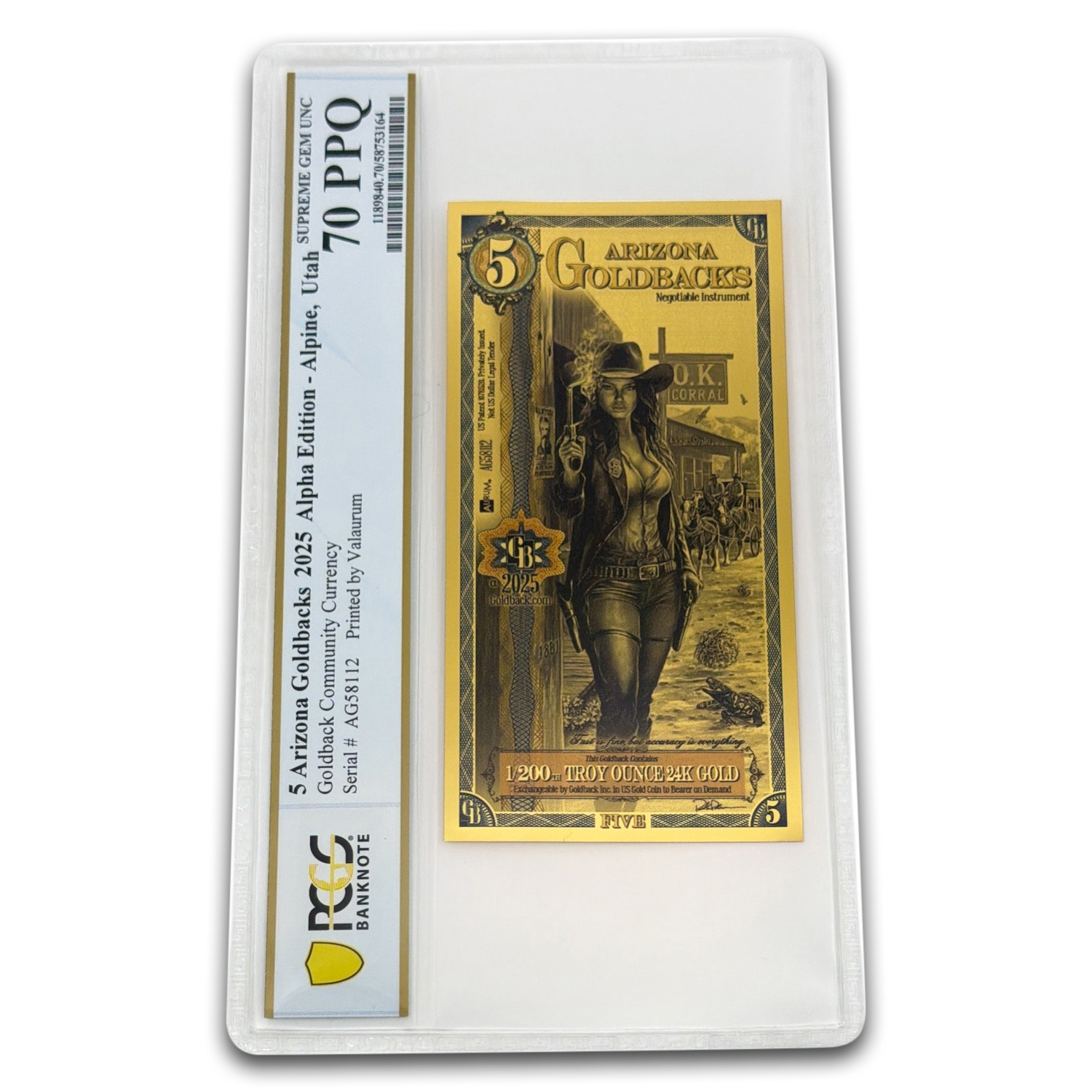 2025 5 Arizona Goldback - Aurum Gold Foil Note (24k) PCGS 70