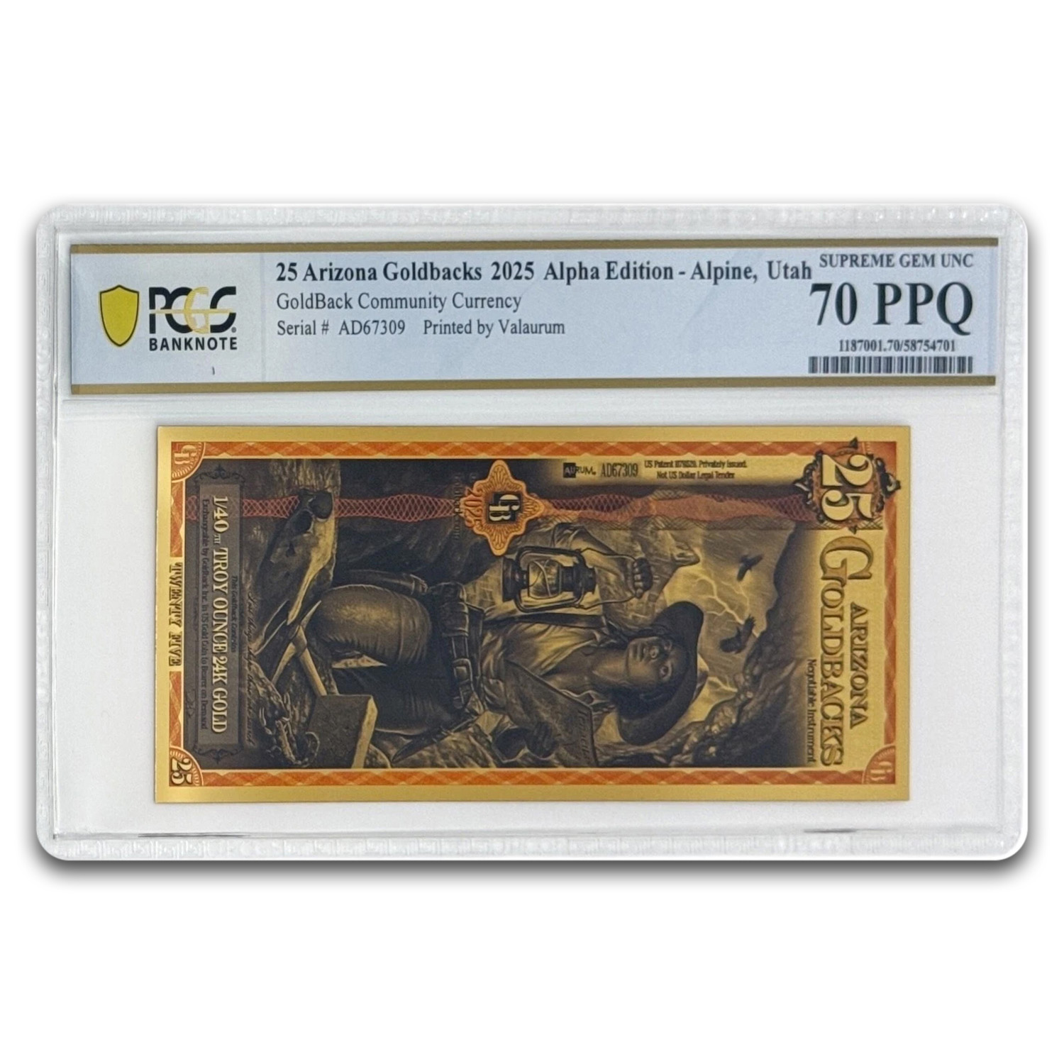 2025 25 Arizona Goldback - Aurum Gold Foil Note (24k) PCGS 70
