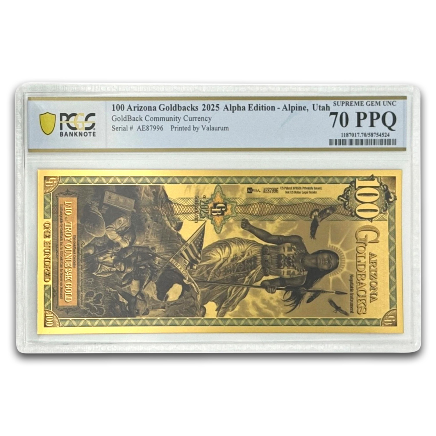 2025 100 Arizona Goldback Aurum Gold Foil Note 24k PCGS 70 Alpha