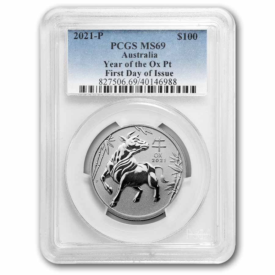 2021 Australia 1 oz Platinum Lunar Ox PCGS MS-69 FDI