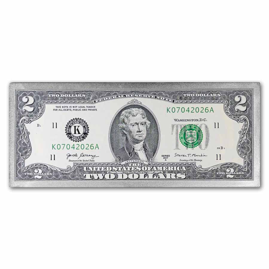 4 oz Silver Colorized Bar - $2 Jefferson Bill