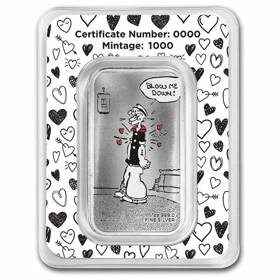 1 oz Silver Colorized Bar - Popeye &amp; Olive Oyl "The Kiss"