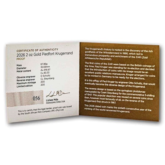 2026 South Africa 2 oz Gold Piedfort Proof Krugerrand