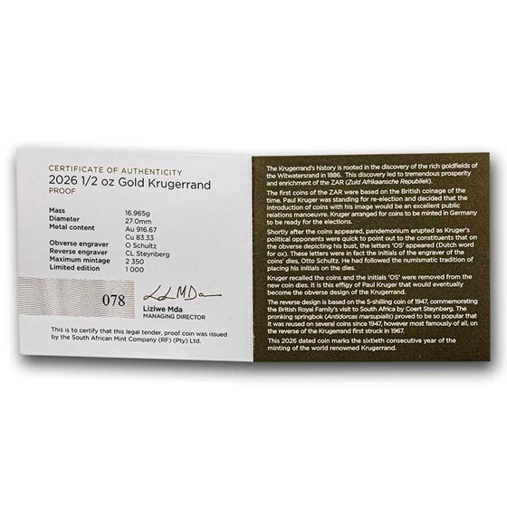 2026 South Africa 1/2 oz Proof Gold Krugerrand (w/ Box &amp; COA)