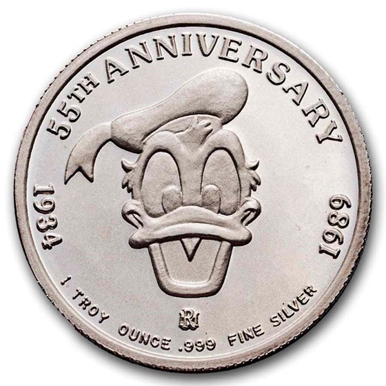 1990 1 oz Silver - Donald Duck - Professor of Fun w/Box &amp; COA