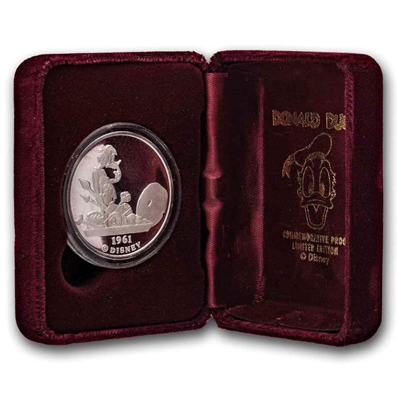 1990 1 oz Silver - Donald Duck - Professor of Fun w/Box &amp; COA