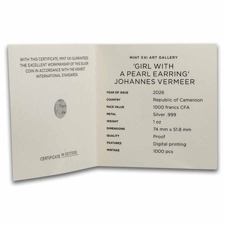 2026 Cameroon 1 oz Silver Girl with a Pearl Earring (Box & COA)