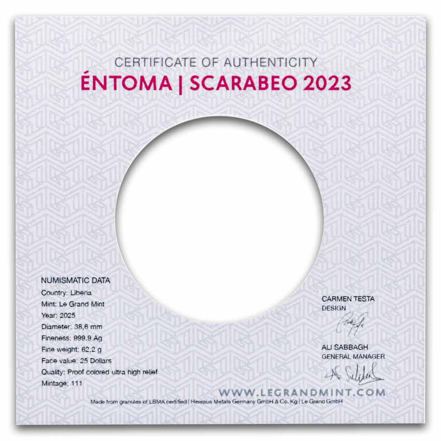 2025 Liberia 2 oz Silver Éntoma: Scarabeo (w/ Box & COA)