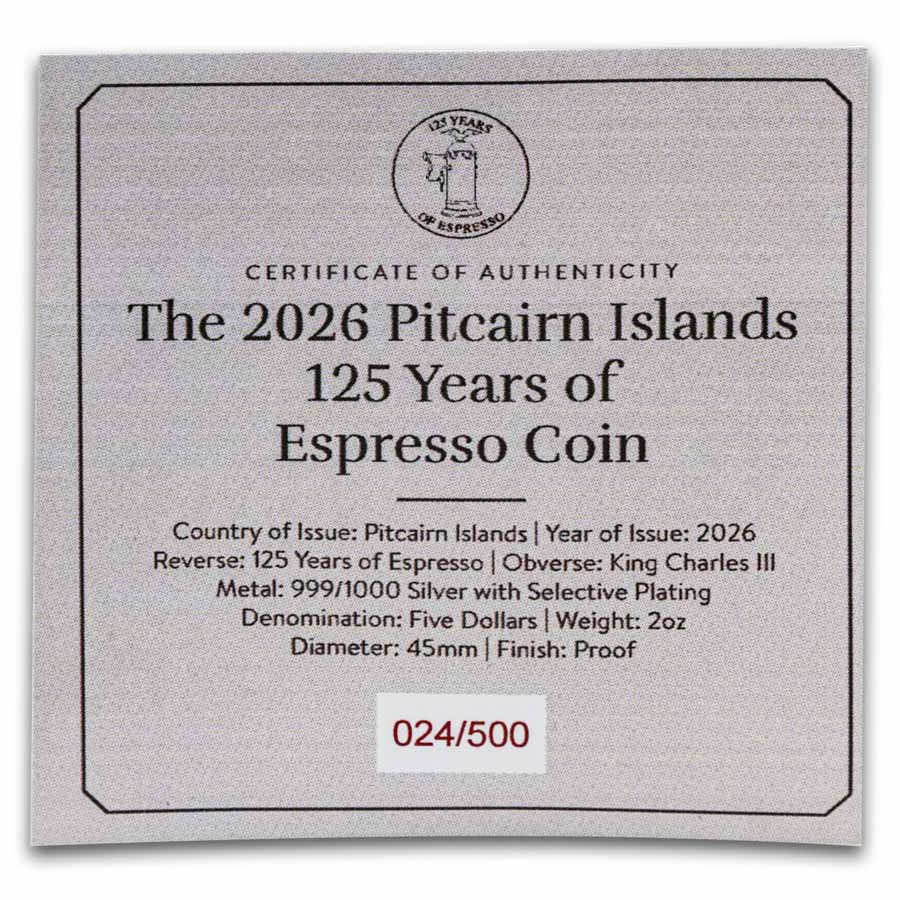 2026 Pitcairn Islands 2 oz Silver 125 Years of Espresso Proof