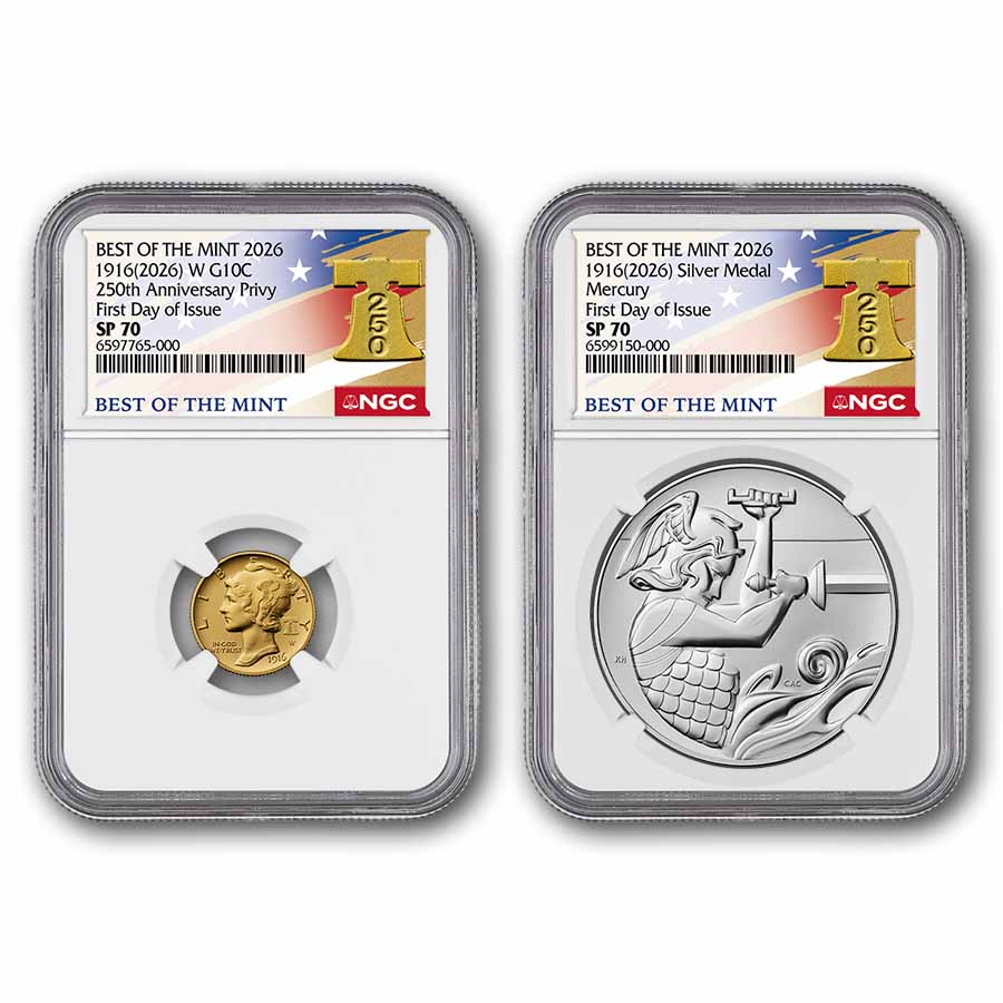 2026 Gold Mercury Coin & Silver Medal Set SP-70 NGC (FDI, Bell)