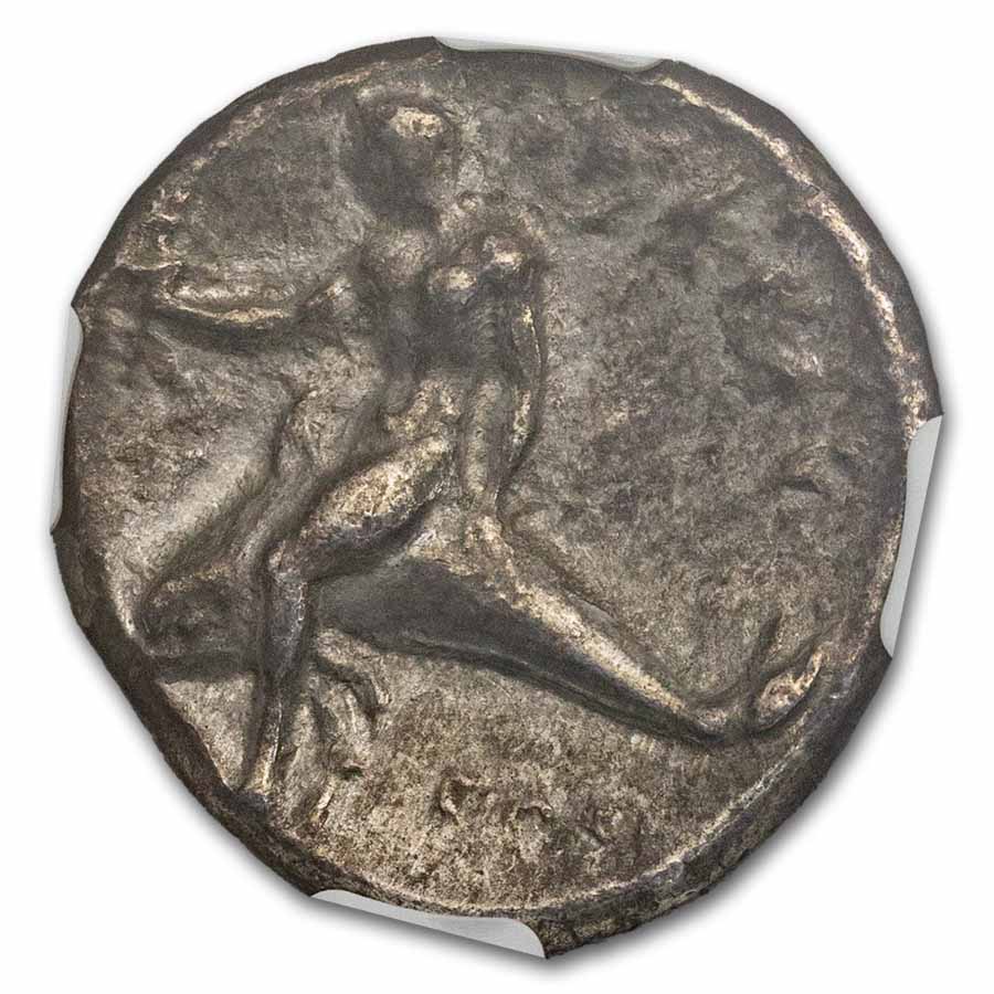 Calabria Taras AR Didrachm Boy on Dolphin (302-280 BC) VF NGC 4/3