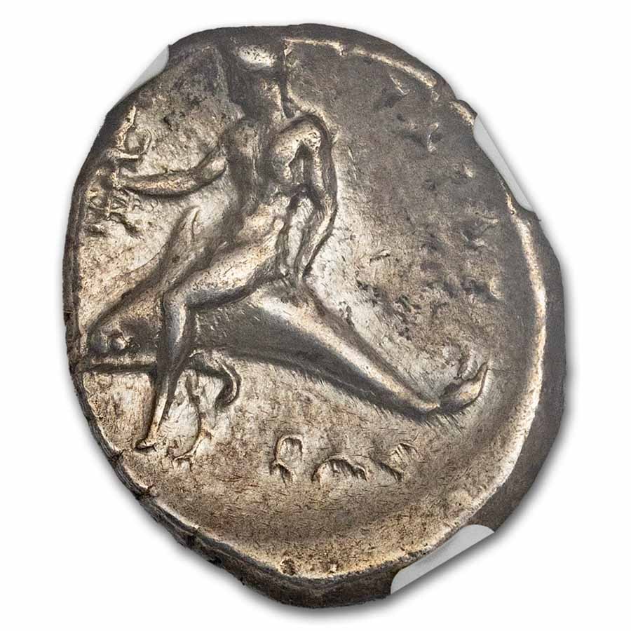 Calabria Taras AR Didrachm Boy on Dolphin (302-280 BC) VF NGC 3/3