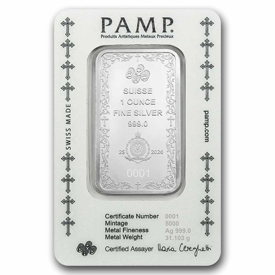 1 oz Silver Bar - PAMP Suisse (Cross of Christianity)