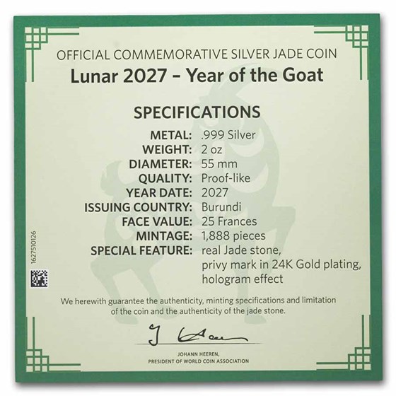 2027 Burundi 2 oz Silver &amp; Jade Year of the Goat Proof