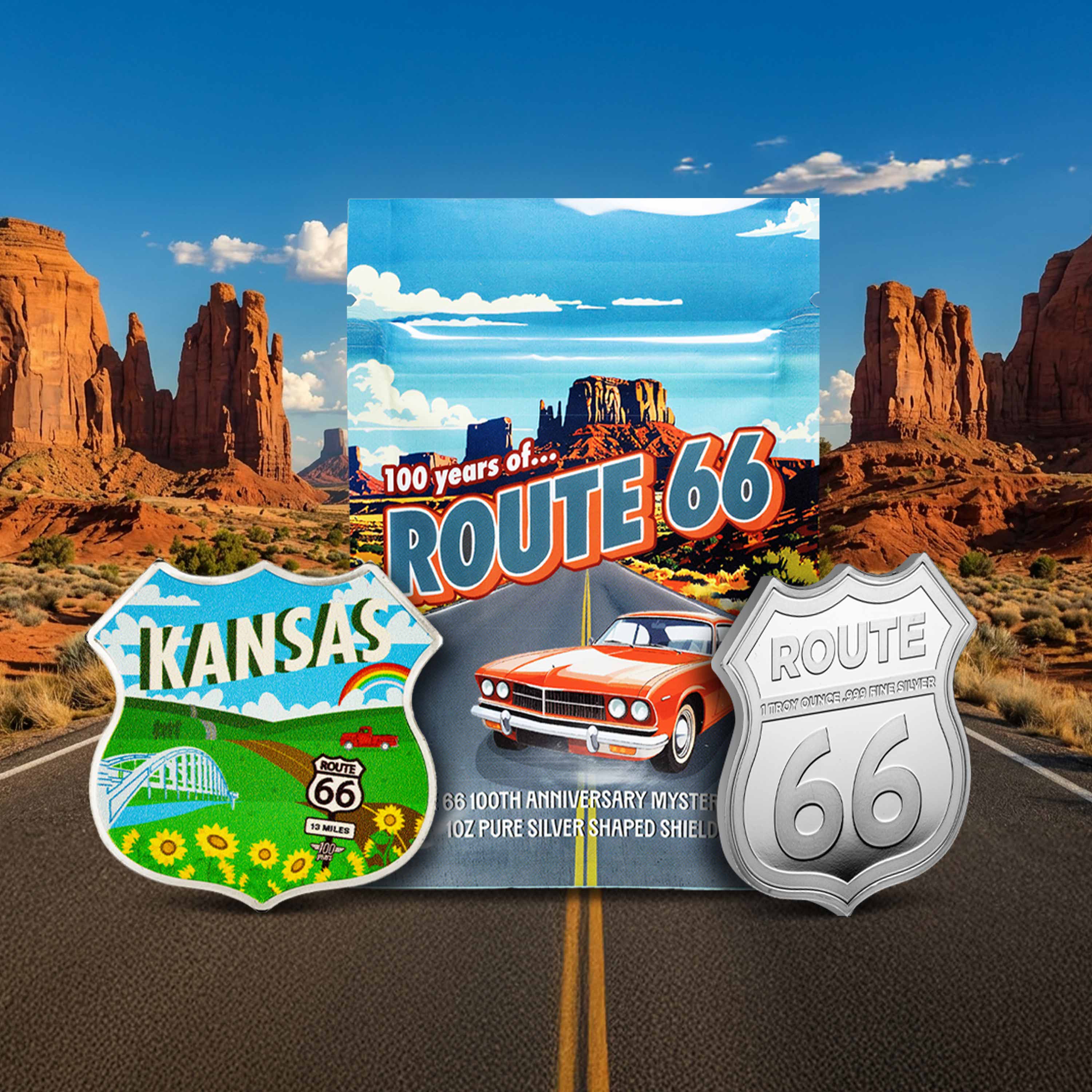 1 oz Silver Miles on Route 66 Colorized State Shield Mystery Pack