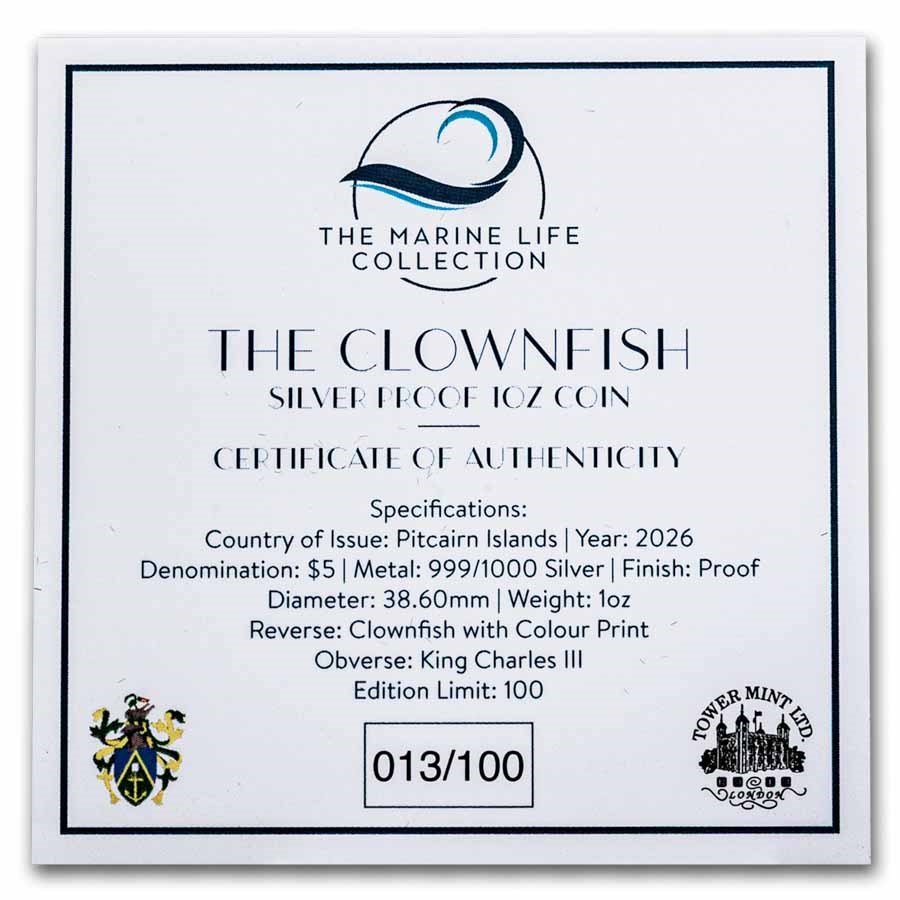 2026 Pitcairn Islands 1 oz Silver Proof Marine Life: Clownfish
