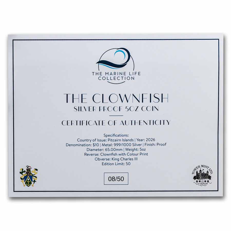 2026 Pitcairn Islands 5 oz Silver Proof Marine Life: Clownfish