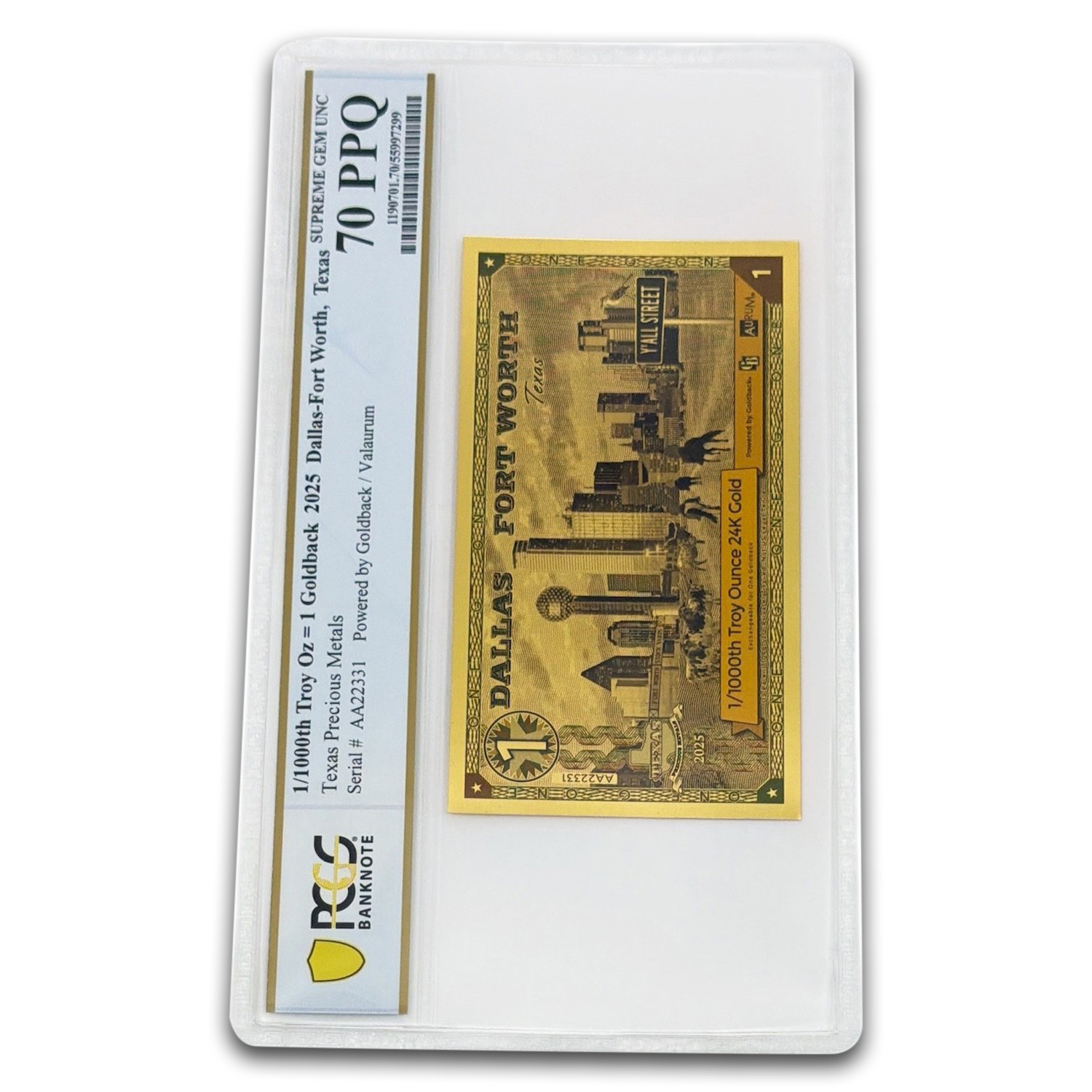 1 Dallas Fort Worth Texas Goldback 24K Gold Note 70 PCGS