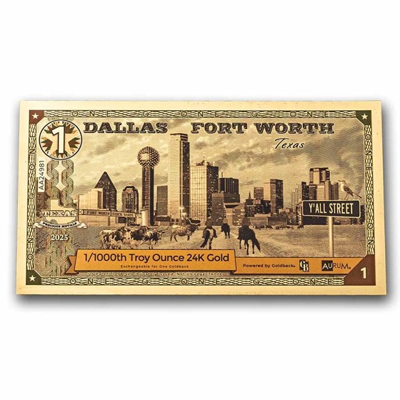1 Dallas Fort Worth Texas Goldback 24K Gold Note 70 PCGS