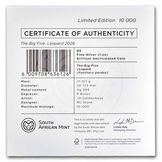 2026 South Africa 1 oz Silver Big Five Leopard BU (Blister Pack)