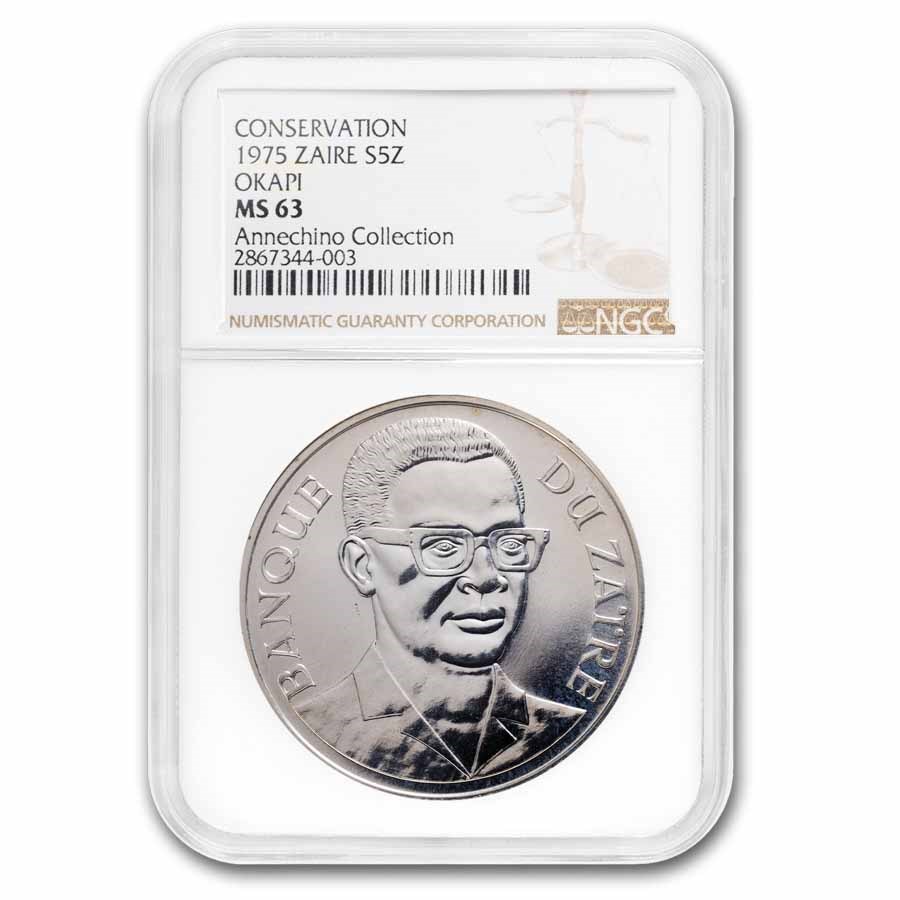 1975 Zaire Silver 5 Zaires Conservation MS-63 NGC