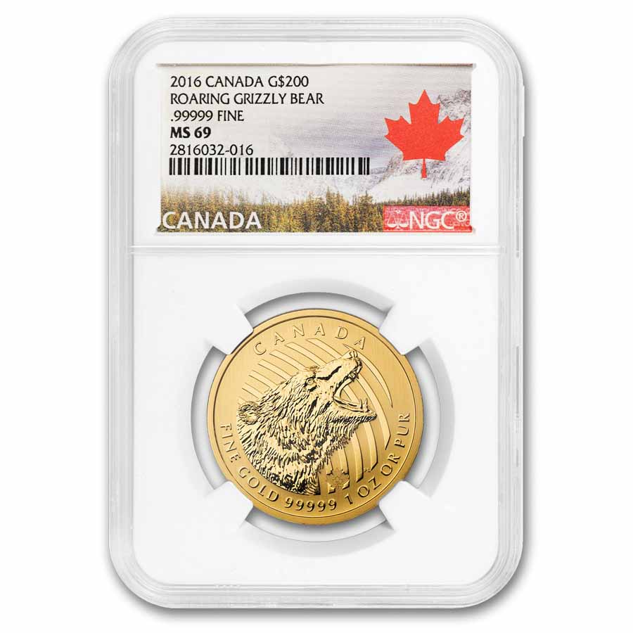 2016 Canada 1 oz Gold Roaring Grizzly Bear .99999 BU MS-69 NGC