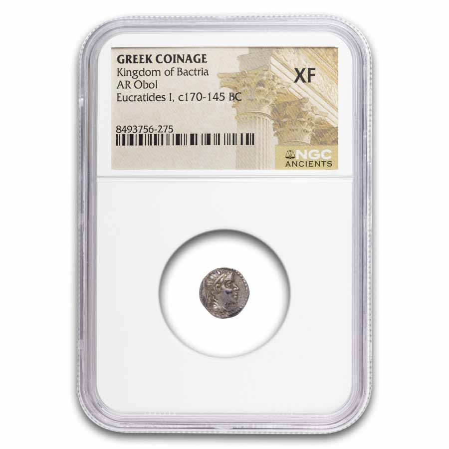 Kingdom of Bactria AR Obol Eukratides I (170-145 BC) XF NGC