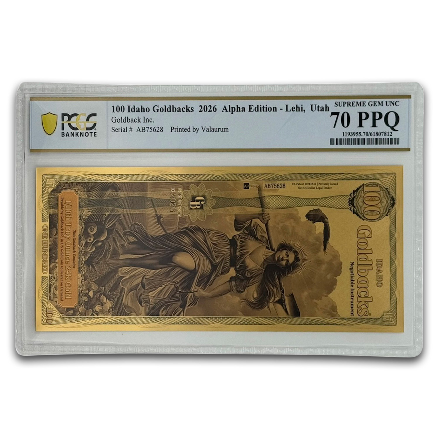 2026 100 Idaho Goldback - Aurum Gold Foil Note PCGS 70