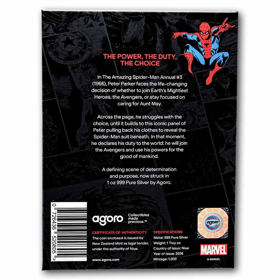 2026 Niue 1 oz Silver $2 Marvel: Spider-Man Power, Duty & Choice
