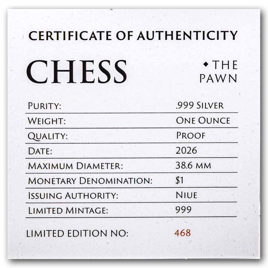 2026 Niue 1 oz Silver Chess Pawn Black Proof (with Box & COA)