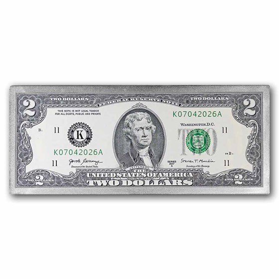 4 oz Silver Colorized Bar - $2 Jefferson Bill (w/Box &amp; COA + $2)