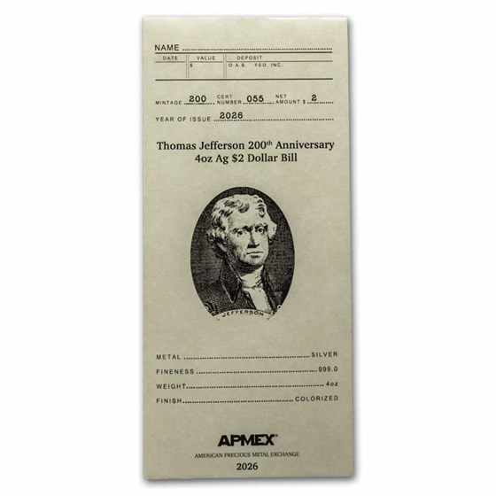 4 oz Silver Colorized Bar - $2 Jefferson Bill (w/Box &amp; COA + $2)