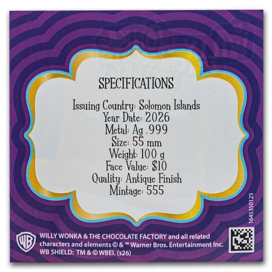2026 Solomon 100 gram Silver Willy Wonka &amp; The Chocolate Factory