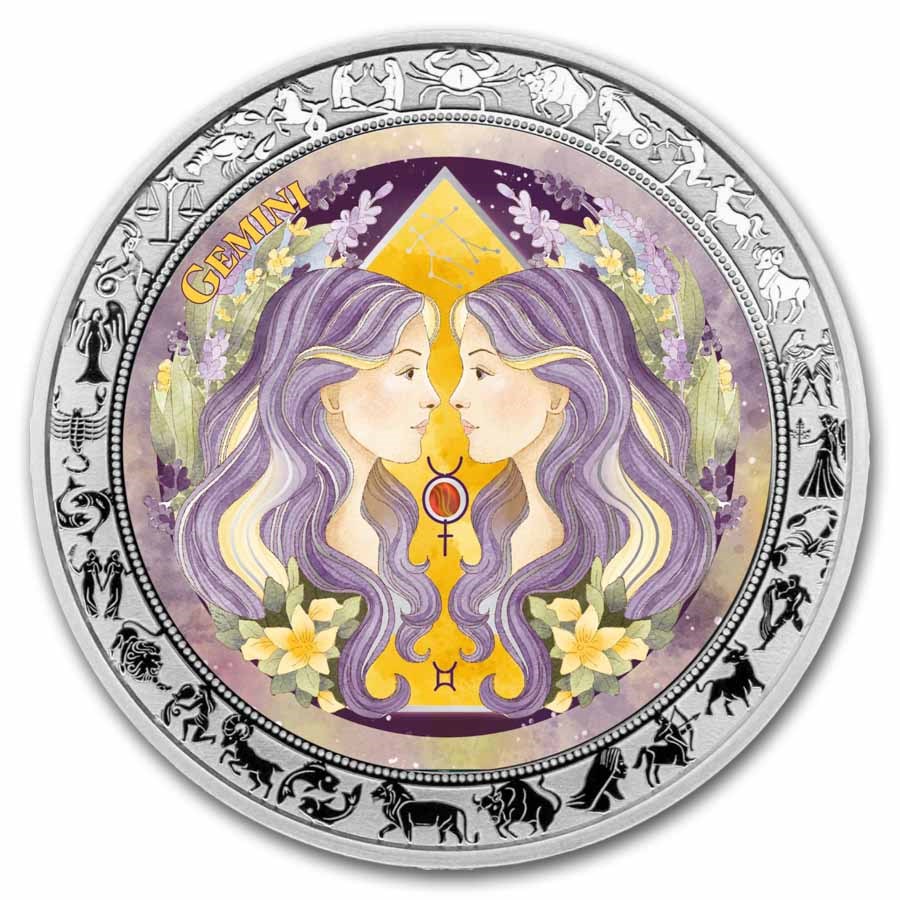 2026 Republic of Ghana 1 oz Silver Zodiac Aquarelle: Gemini